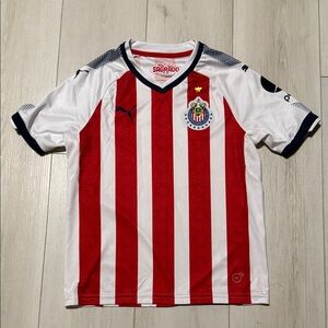 Puma Kids Red & White Striped Soccer Jersey with Crest size M Short Sleeve Tee